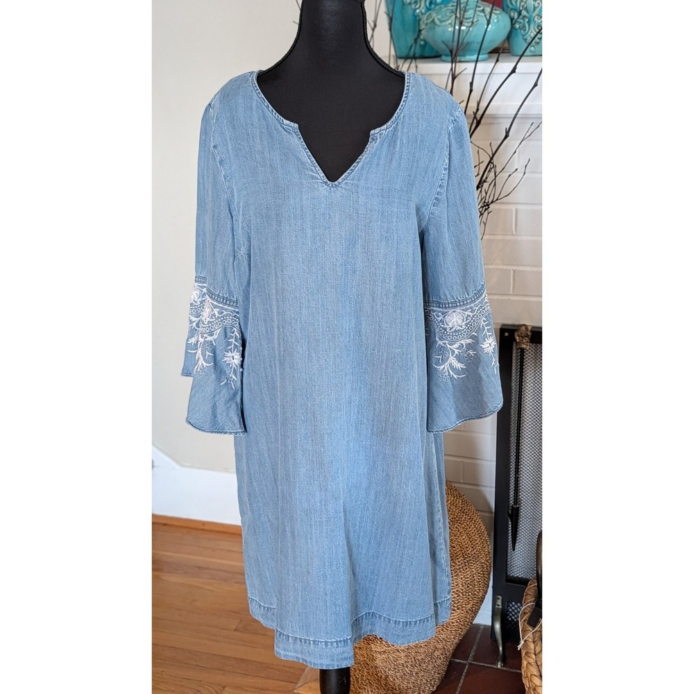 Cato Chambray Beachy Denim‎  Tunic Dress Embroidered Bell Sleeves Boho, Large